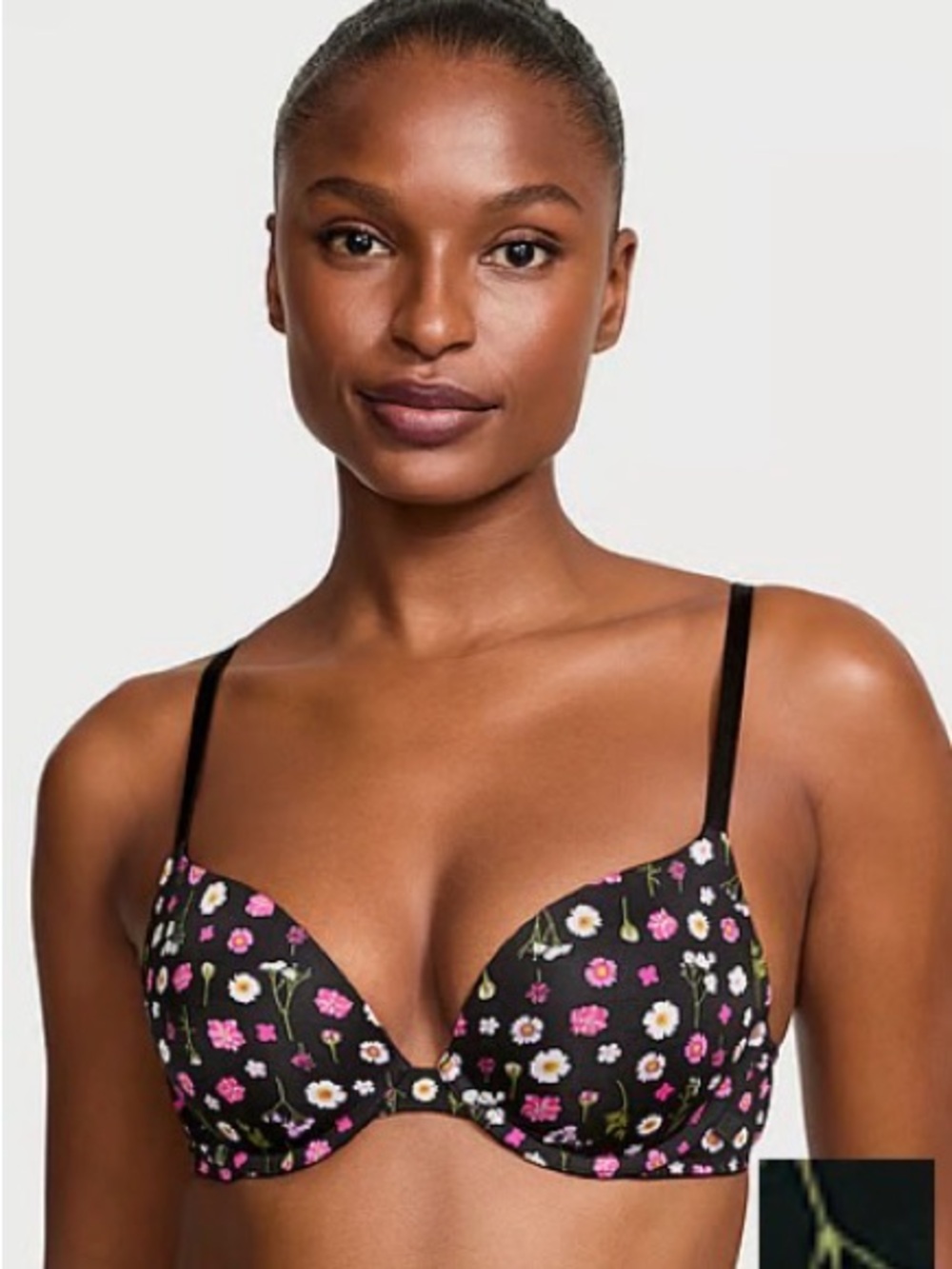 PINK Victoria's Secret Black Push-Up Bra with Pink & White Floral Print